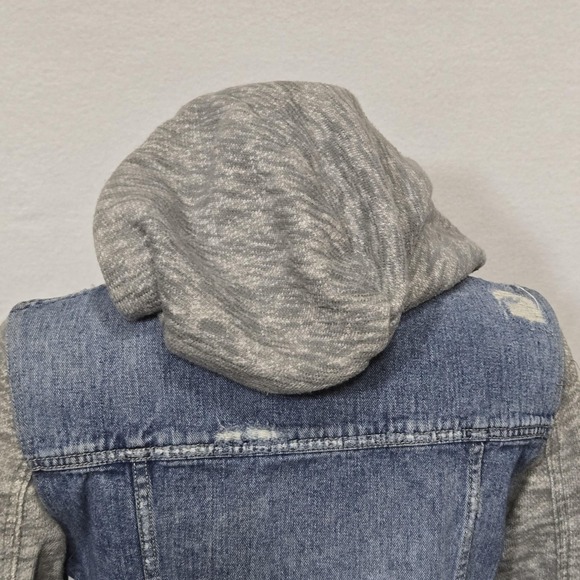 Free People Jacket Womens Small Blue Gray Denim Fleece Hoodie Distressed‎ Casual - Picture 8 of 16